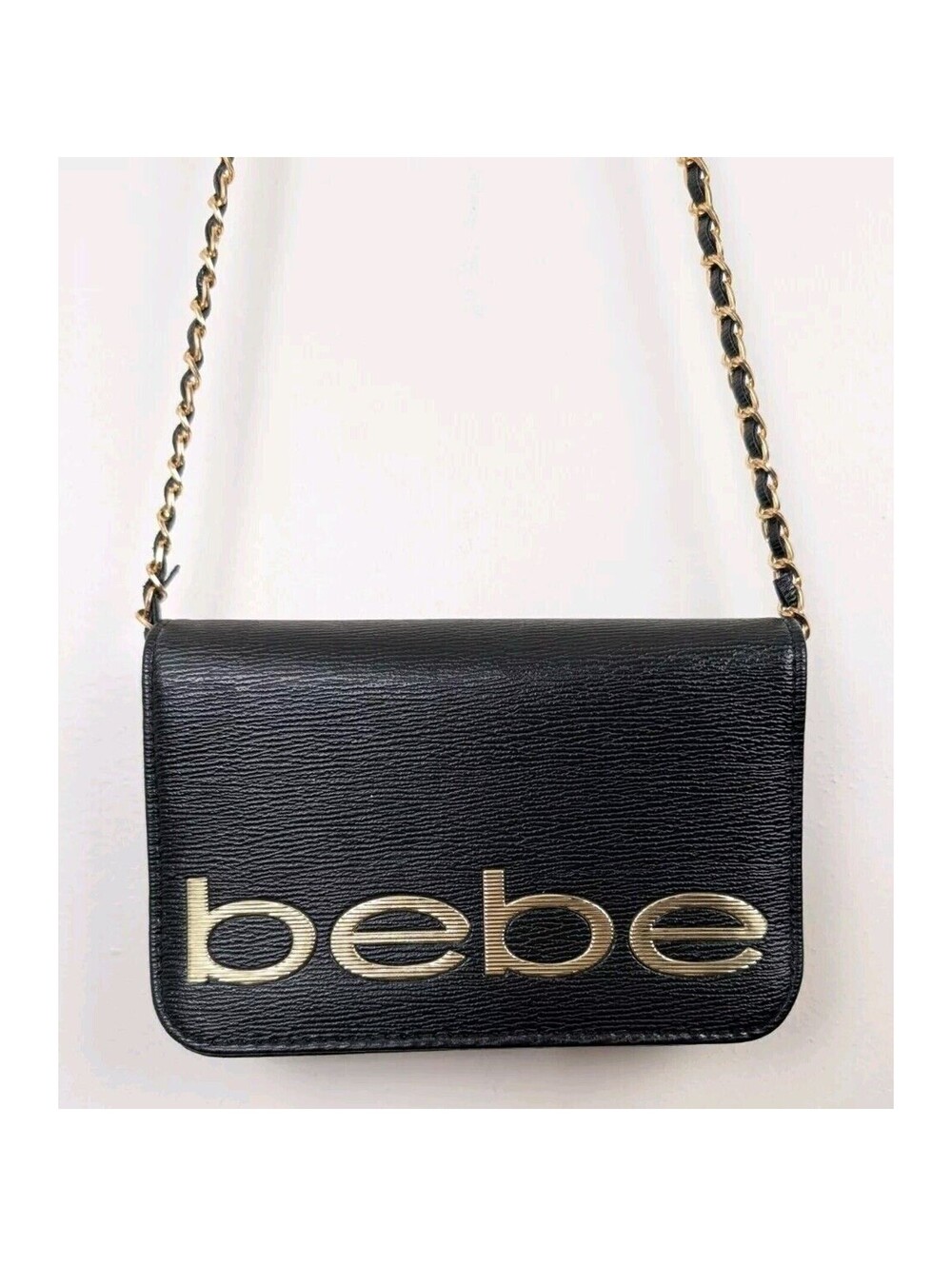 Bebe Black And Gold Crossbody Purse 7.5x5" Small Chain Strap